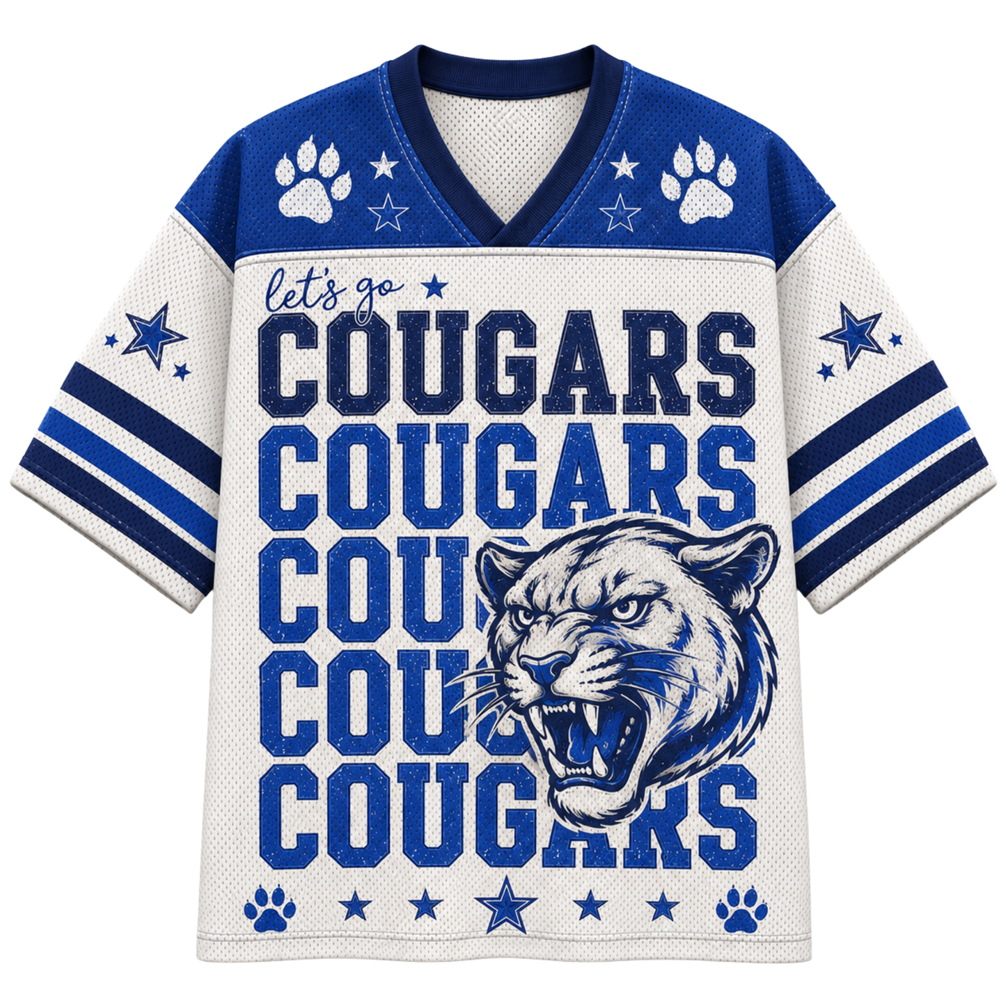 A white and blue short-sleeve athletic jersey with 'let's go COUGARS' text, paw prints, stars, and a cougar head graphic on the front.