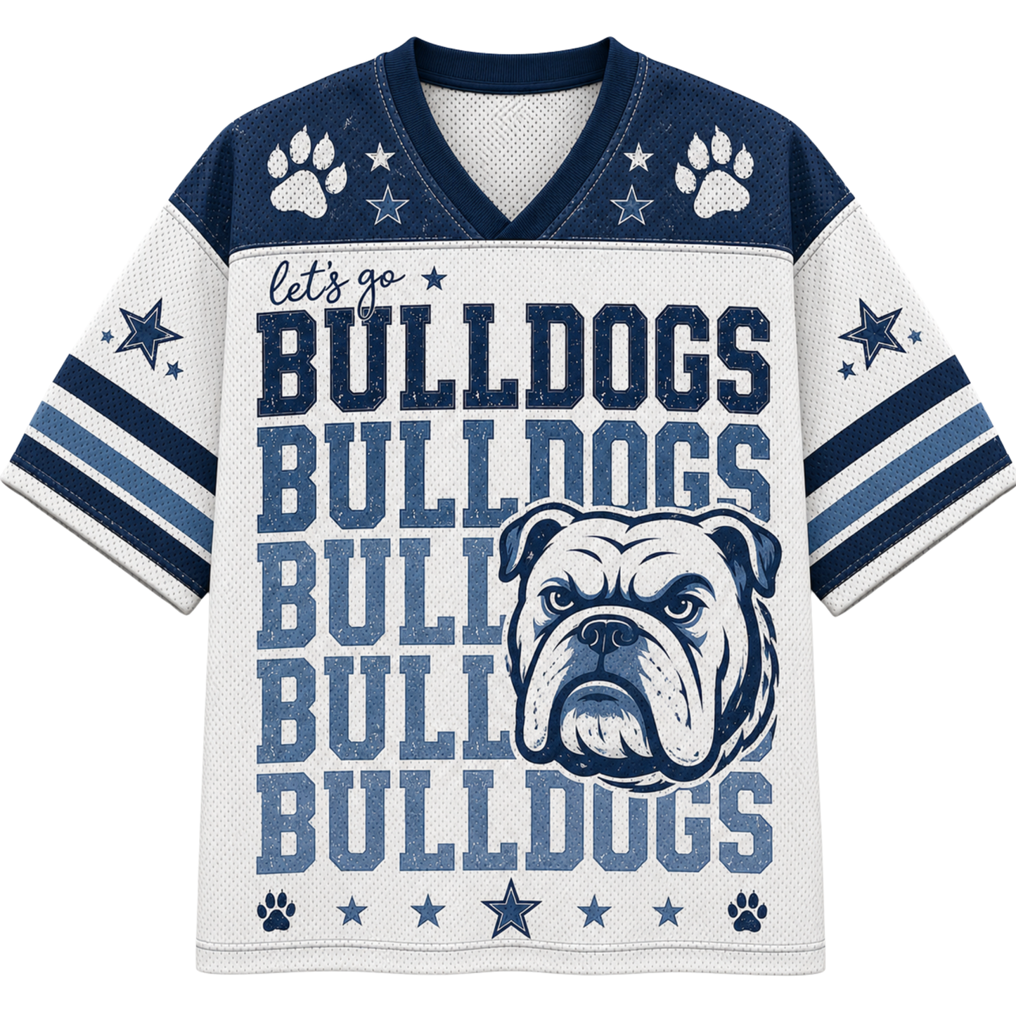 A short-sleeve V-neck football jersey with a white mesh body, navy blue shoulders and sleeves, and a large bulldog graphic with the word 'BULLDOGS' repeated across the front. The design includes paw prints, stars, and the phrase 'let's go BULLDOGS'.
