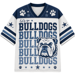 A short-sleeve V-neck football jersey with a white mesh body, navy blue shoulders and sleeves, and a large bulldog graphic with the word 'BULLDOGS' repeated across the front. The design includes paw prints, stars, and the phrase 'let's go BULLDOGS'.