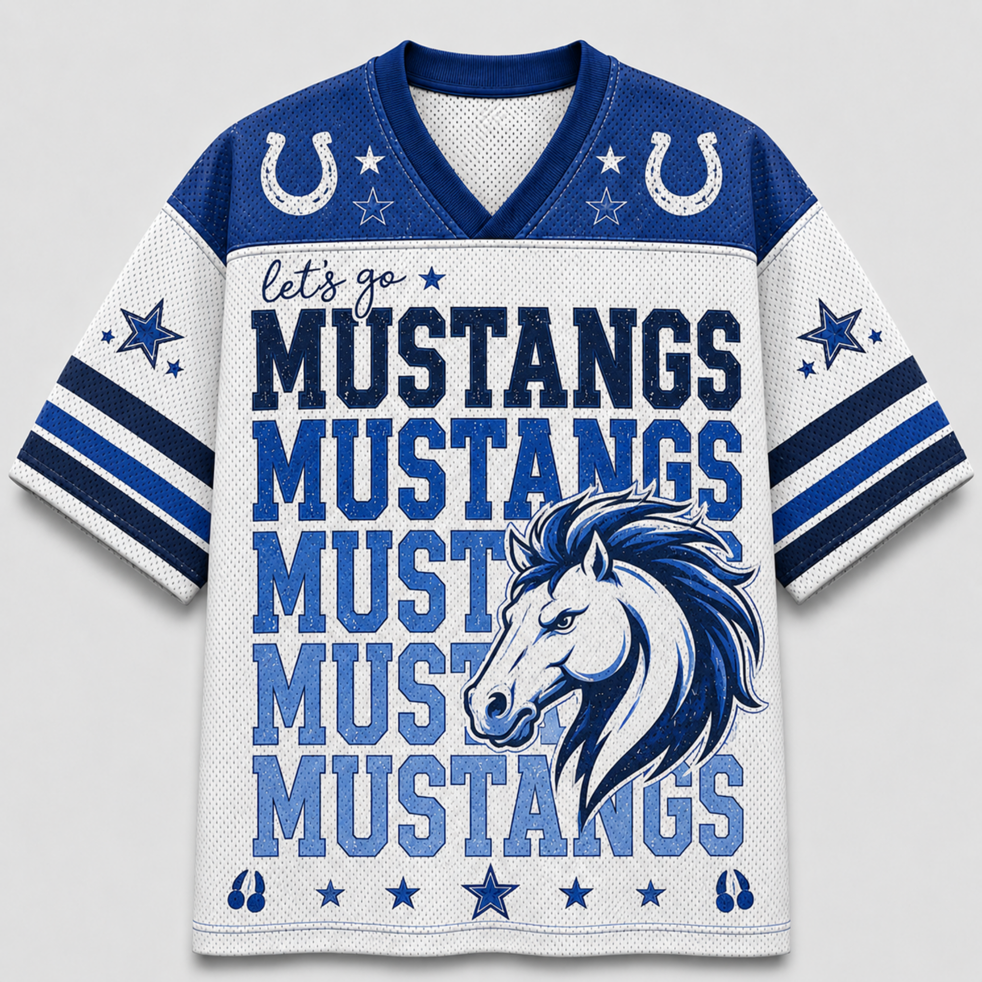 A white and blue short-sleeve football-style jersey with the words “let’s go MUSTANGS MUSTANGS MUSTANGS” across the front, a large mustang horse head graphic, horseshoes and stars on the shoulders, and striped sleeves, shown on a light gray background.