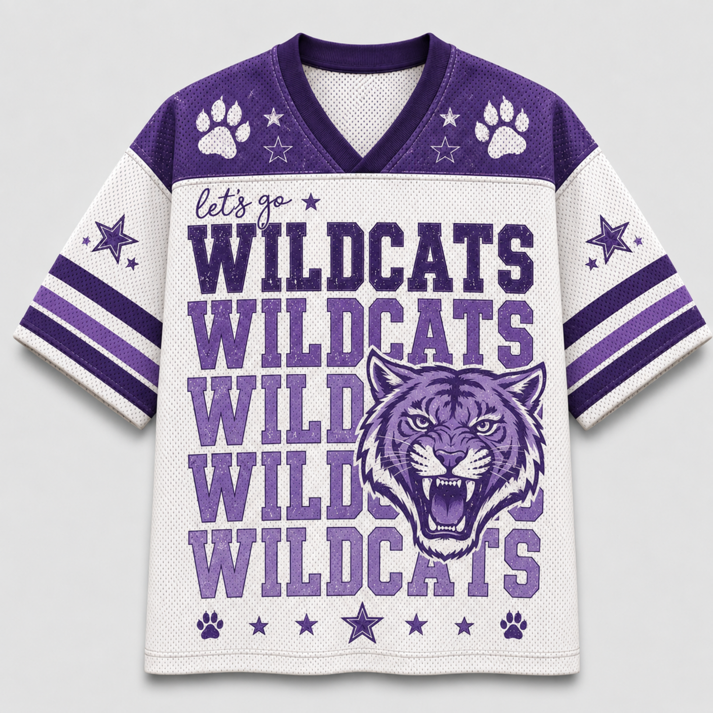 A short-sleeve athletic jersey with a white mesh body, purple shoulder panels, and purple graphics reading 'let's go WILDCATS WILDCATS' with a wildcat head illustration, paw prints, and stars.