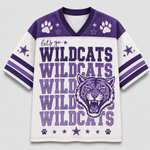 A short-sleeve athletic jersey with a white mesh body, purple shoulder panels, and purple graphics reading 'let's go WILDCATS WILDCATS' with a wildcat head illustration, paw prints, and stars.