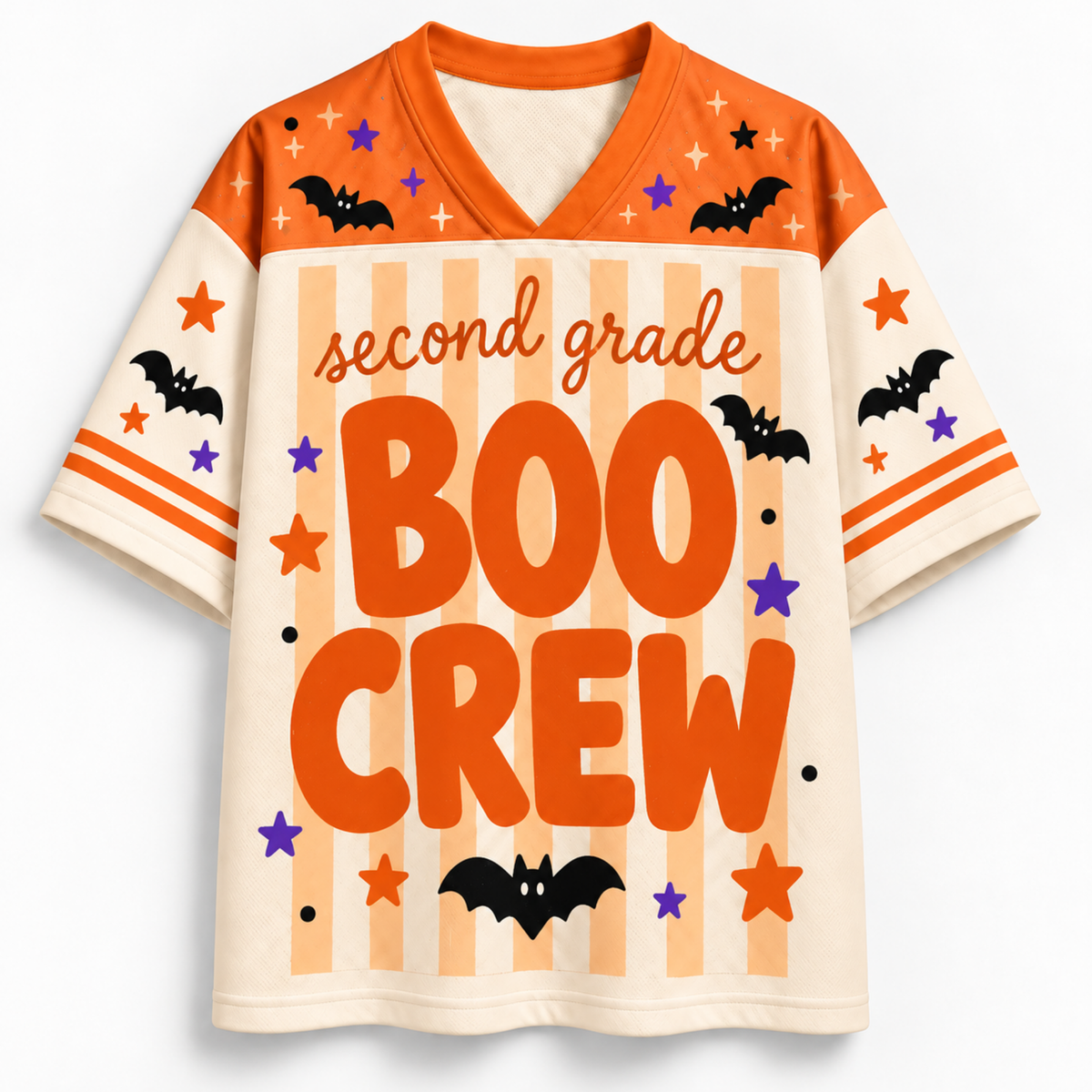 A short-sleeve V-neck football-style shirt with orange and cream panels, decorated with Halloween graphics including bats, stars, stripes, and the text 'second grade BOO CREW' on the front.