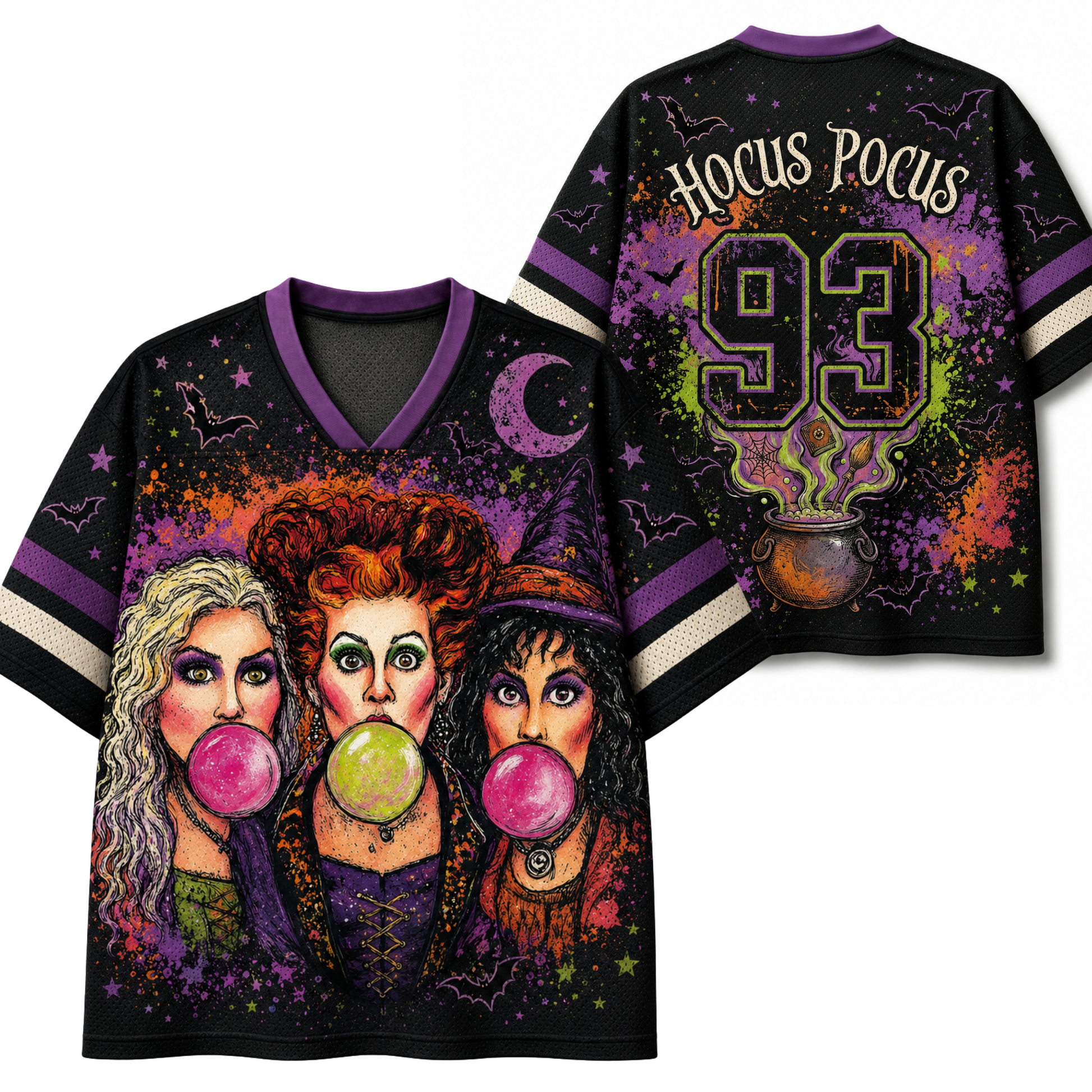 A black V-neck t-shirt with purple trim, featuring a colorful graphic of the three witches from The Addams Family blowing pink bubblegum bubbles. The back of the shirt features 'Hocus Pocus' in stylized text, the number '93' with a cauldron graphic, and purple, green, and orange splatter details.