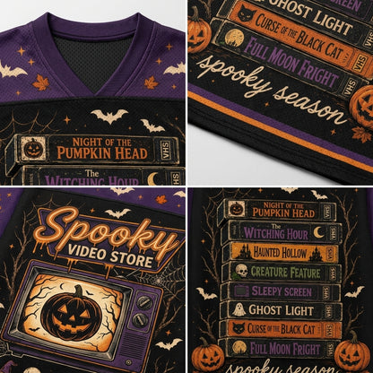 A four-panel collage showing a Halloween-themed V-neck t-shirt design. The shirt features a purple collar and upper chest with a black body printed with spooky book covers, bats, pumpkins, and the text 'spooky season' and 'Spooky Video Store'.