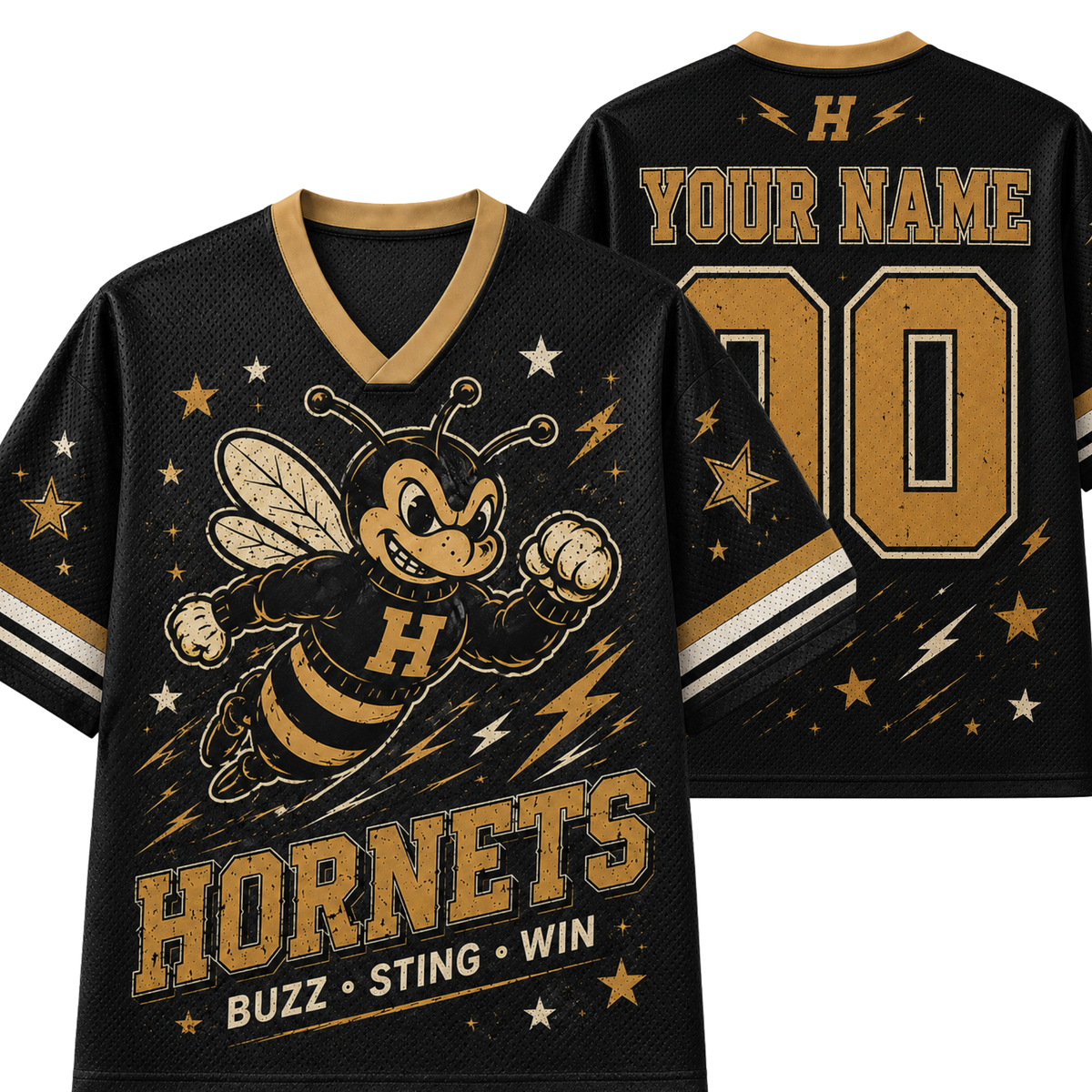 Custom black mesh sports jersey shown from the front and back, featuring a cartoon hornet graphic, gold and white lettering, stars, and lightning details. The front reads 'HORNETS' with 'BUZZ * STING * WIN' below, and the back shows 'YOUR NAME' and a large number 00.