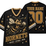 Custom black mesh sports jersey shown from the front and back, featuring a cartoon hornet graphic, gold and white lettering, stars, and lightning details. The front reads 'HORNETS' with 'BUZZ * STING * WIN' below, and the back shows 'YOUR NAME' and a large number 00.