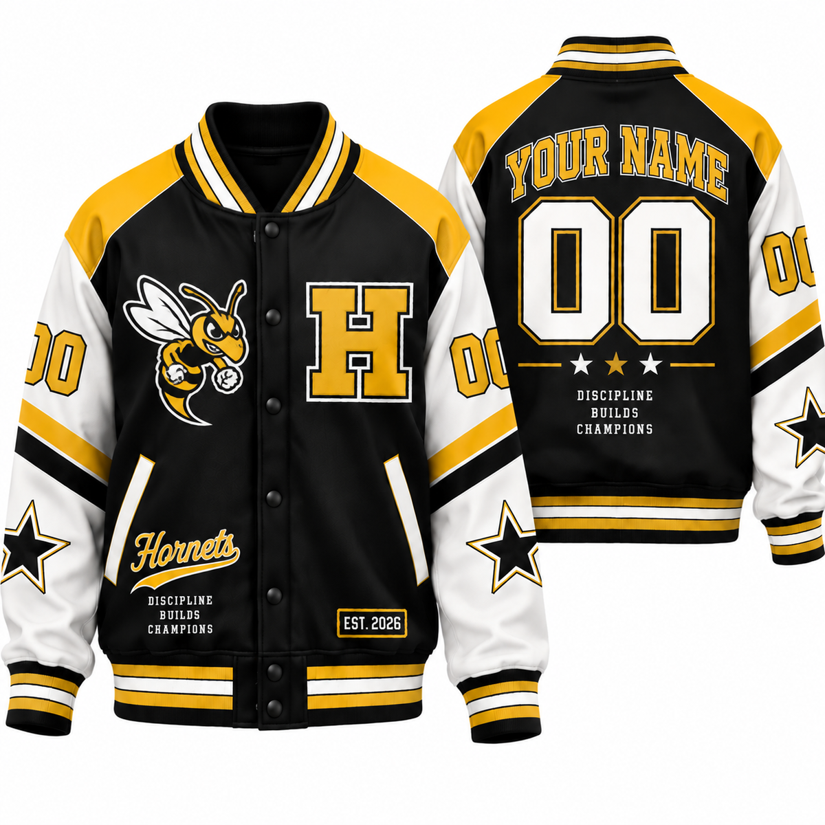 Chaotic Club Retro Mascot School Spirit Varsity Jacket - Black Gold Hornets Design