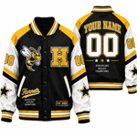 Chaotic Club Retro Mascot School Spirit Varsity Jacket - Black Gold Hornets Design