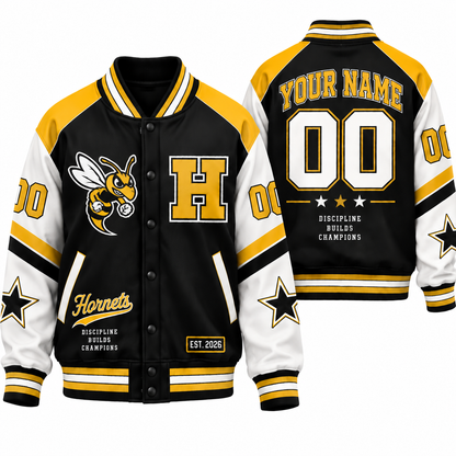 Chaotic Club Retro Mascot School Spirit Varsity Jacket - Black Gold Hornets Design