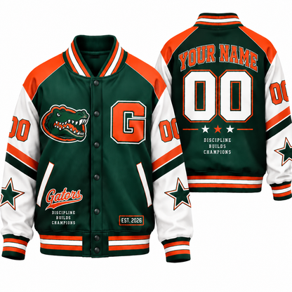 Chaotic Club Retro Mascot School Spirit Varsity Jacket - Green Orange Gators Design
