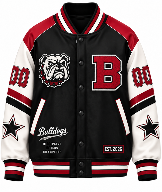 Chaotic Club Retro Mascot School Spirit Varsity Jacket - Maroon Bulldogs Front View