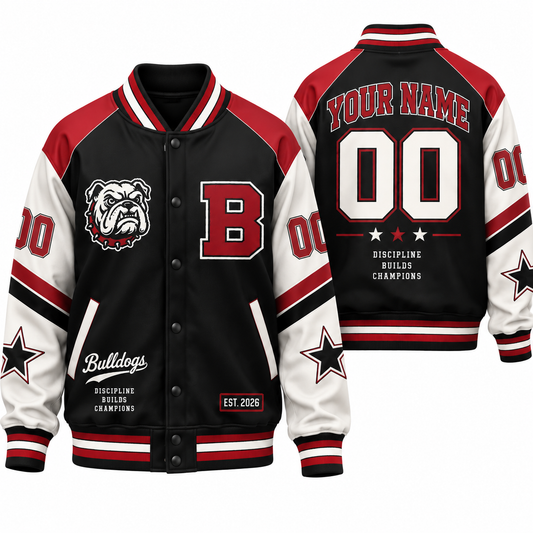 Chaotic Club Retro Mascot School Spirit Varsity Jacket - Maroon Bulldogs Design