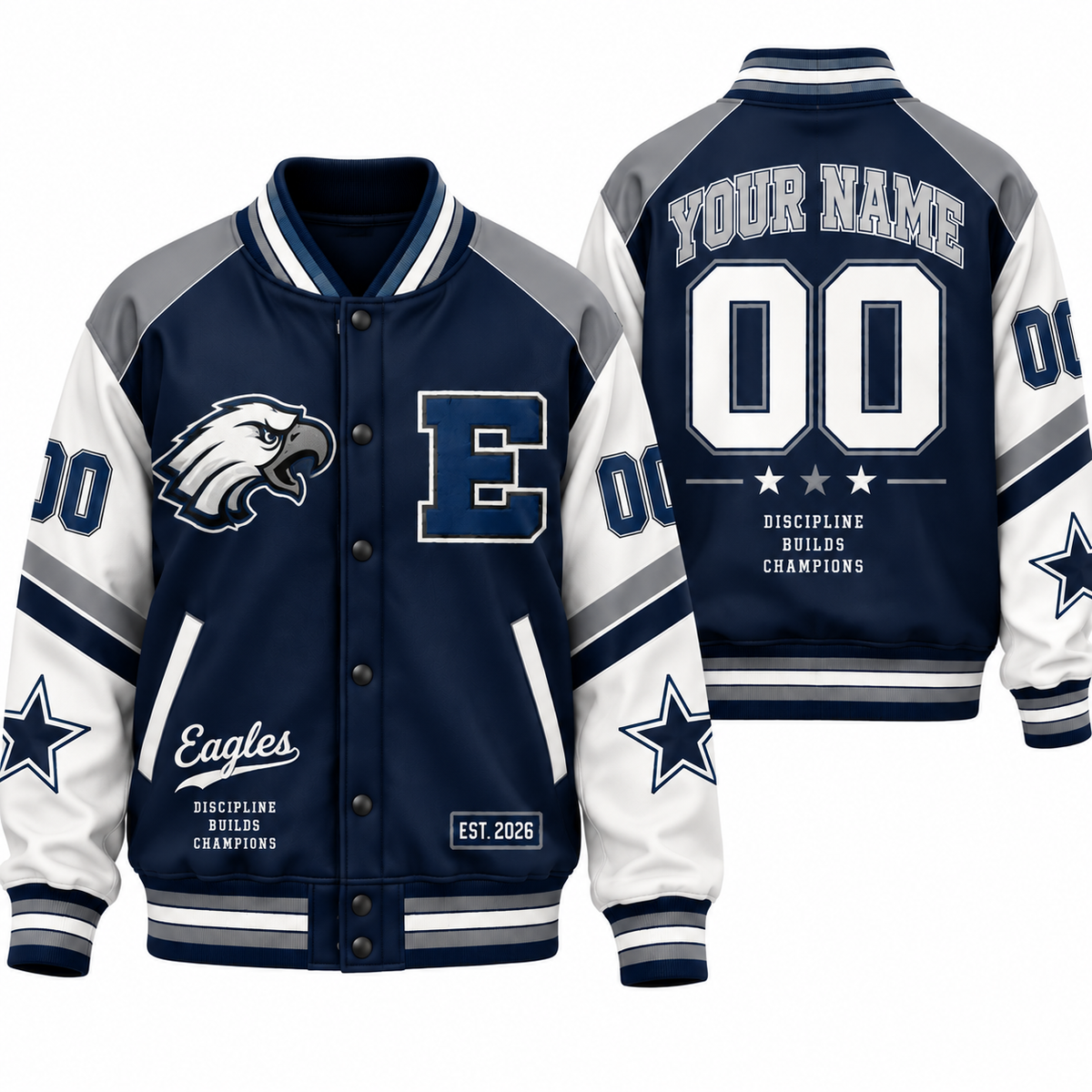Chaotic Club Retro Mascot School Spirit Varsity Jacket - Navy Gray Eagles Design