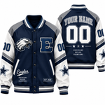 Chaotic Club Retro Mascot School Spirit Varsity Jacket - Navy Gray Eagles Design