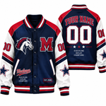 Chaotic Club Retro Mascot School Spirit Varsity Jacket - Navy Red Mustangs Design