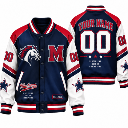 Chaotic Club Retro Mascot School Spirit Varsity Jacket - Navy Red Mustangs Design