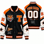 Chaotic Club Retro Mascot School Spirit Varsity Jacket - Orange Black Tigers Design