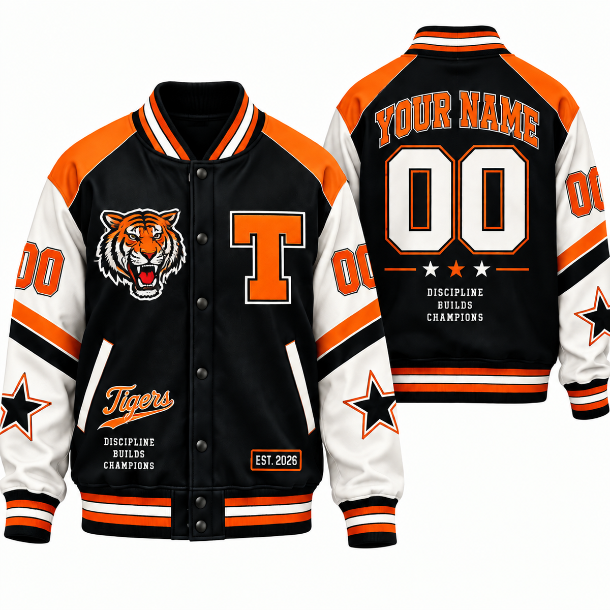 Chaotic Club Retro Mascot School Spirit Varsity Jacket - Orange Black Tigers Design