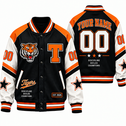 Chaotic Club Retro Mascot School Spirit Varsity Jacket - Orange Black Tigers Design