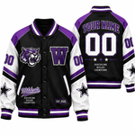 Chaotic Club Retro Mascot School Spirit Varsity Jacket - Purple Black Wildcats Design