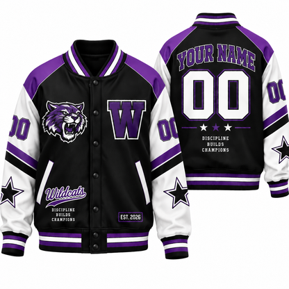 Chaotic Club Retro Mascot School Spirit Varsity Jacket - Purple Black Wildcats Design