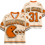A Halloween-themed sports jersey shown from both front and back. The cream-colored jersey features orange and black trim, 'HALLOWEEN' and 'PIE CHASER' text, the number 31, and a large orange pie graphic with turkeys on the front.