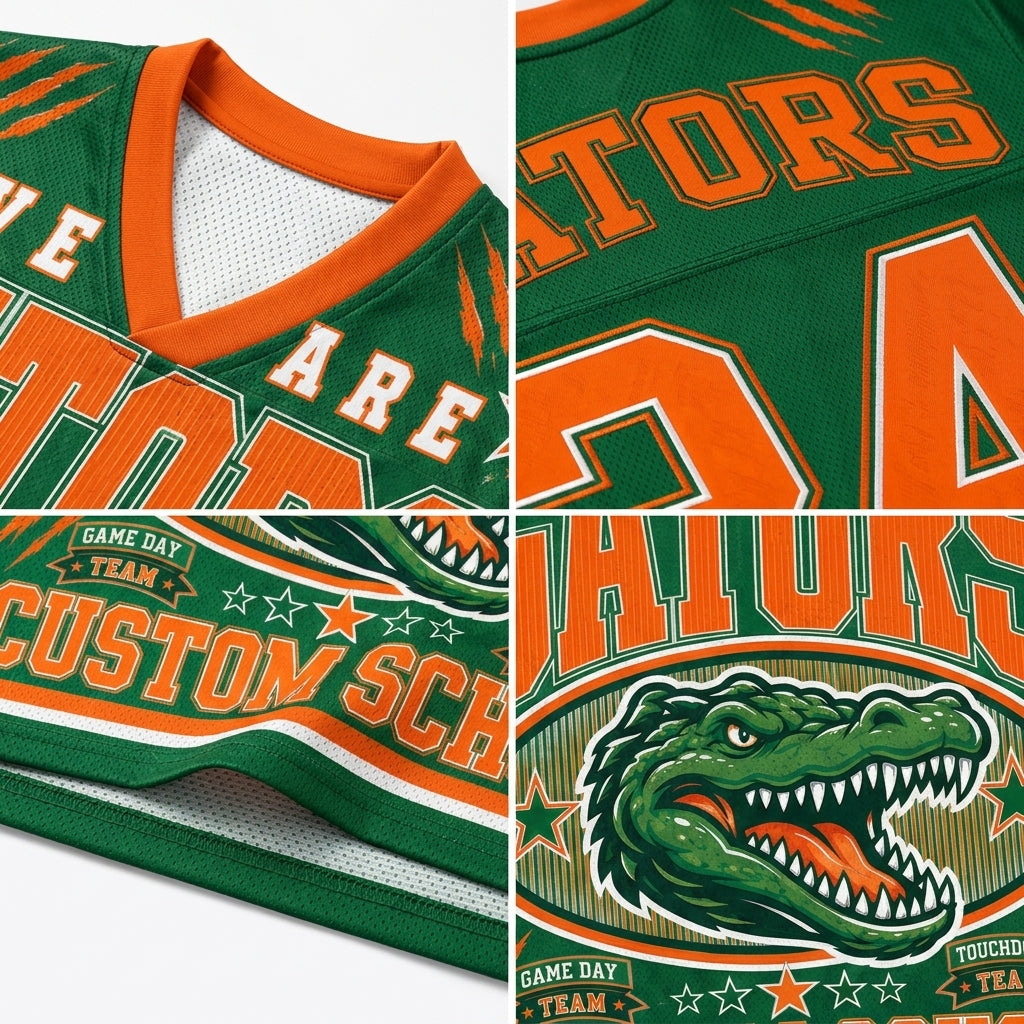 A green and orange Florida Gators themed hockey jersey collage showing multiple close-up panels of the front and back graphics, including the team name, number 24, and alligator logo.