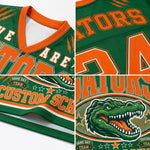 A green and orange Florida Gators themed hockey jersey collage showing multiple close-up panels of the front and back graphics, including the team name, number 24, and alligator logo.