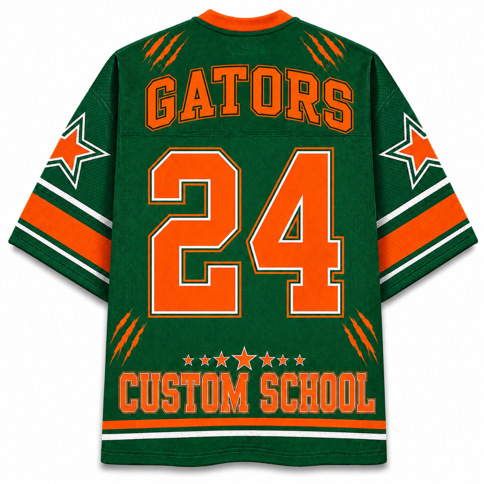 A green short-sleeve athletic jersey with orange and white graphics, featuring the word 'GATORS' across the upper back, a large number '24' in the center, and 'CUSTOM SCHOOL' near the hem. The sleeves have star motifs with white and orange stripes.