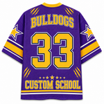 A purple and yellow custom sports jersey shown from the back, featuring 'BULLDOGS', the number '33', and 'CUSTOM SCHOOL' in yellow lettering with white and blue outlines.