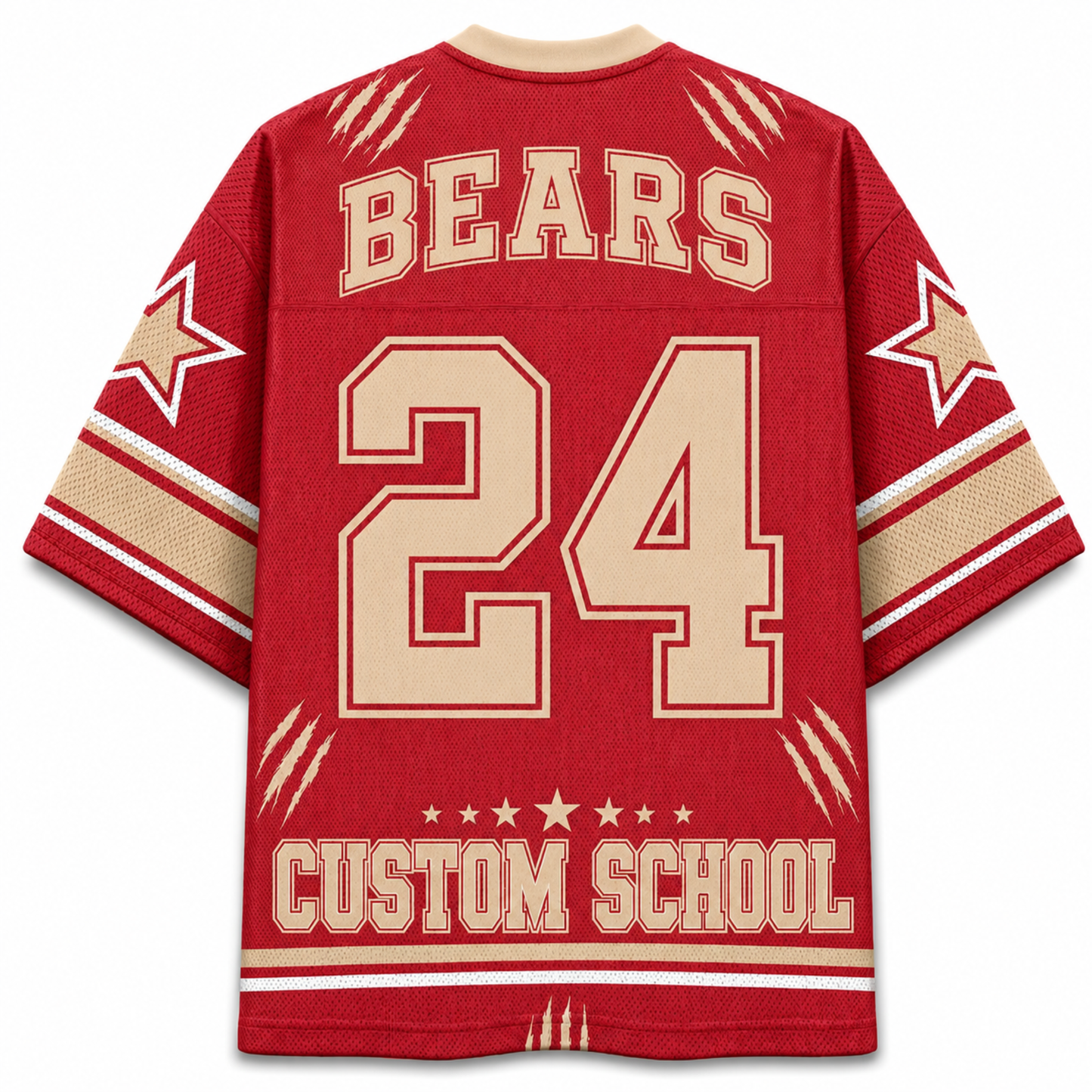 A red mesh hockey-style jersey shown from the back, featuring 'BEARS' and the number '24' in large beige varsity-style lettering, with 'CUSTOM SCHOOL' printed near the hem. The sleeves have star graphics and striped accents.