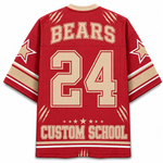 A red mesh hockey-style jersey shown from the back, featuring 'BEARS' and the number '24' in large beige varsity-style lettering, with 'CUSTOM SCHOOL' printed near the hem. The sleeves have star graphics and striped accents.