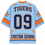 A light blue mesh sports jersey shown from the back, featuring navy and orange graphics. The back displays 'TIGERS' and the number '09' in large navy varsity-style lettering with orange borders, along with 'CUSTOM SCHOOL' at the bottom.