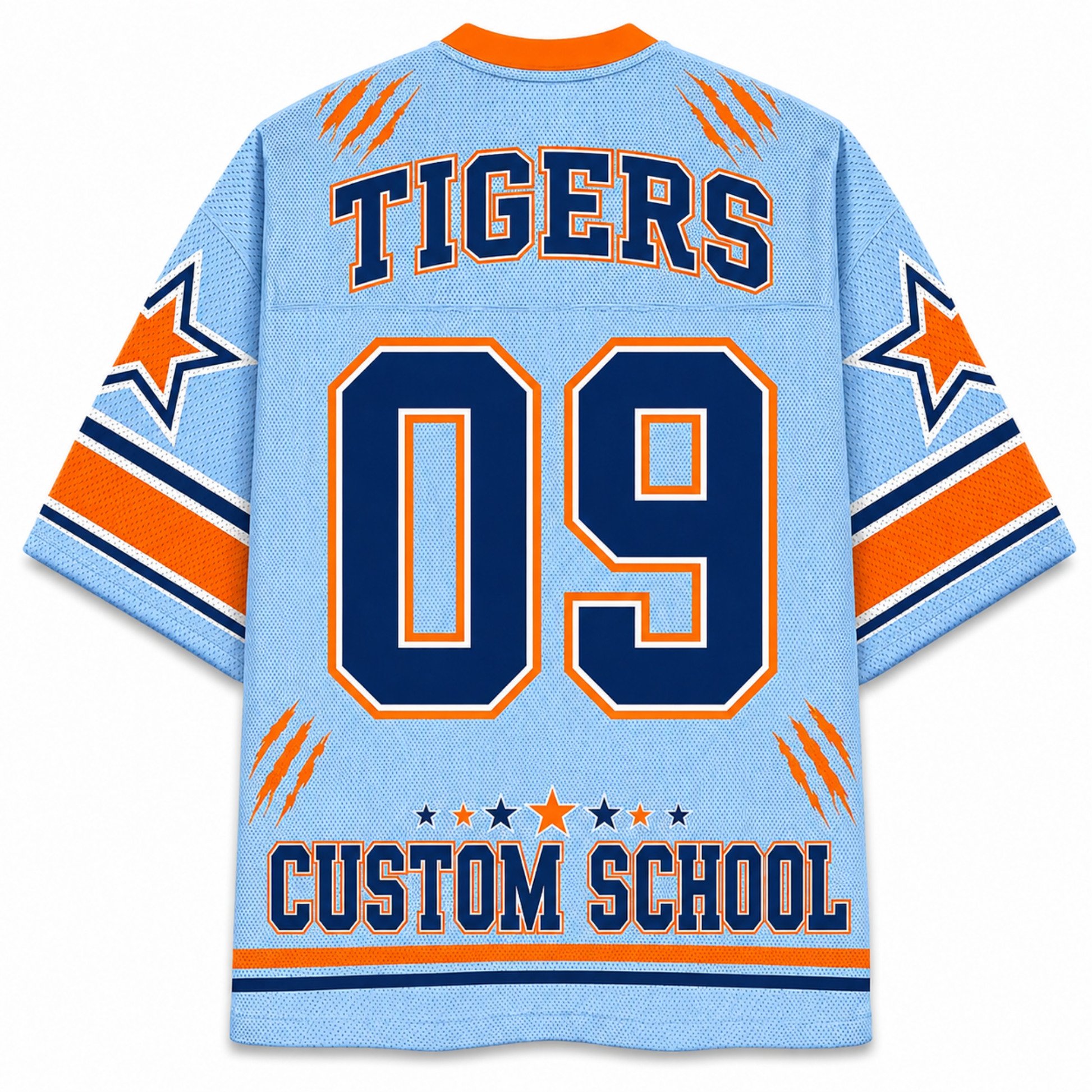 A light blue mesh sports jersey shown from the back, featuring navy and orange graphics. The back displays 'TIGERS' and the number '09' in large navy varsity-style lettering with orange borders, along with 'CUSTOM SCHOOL' at the bottom.