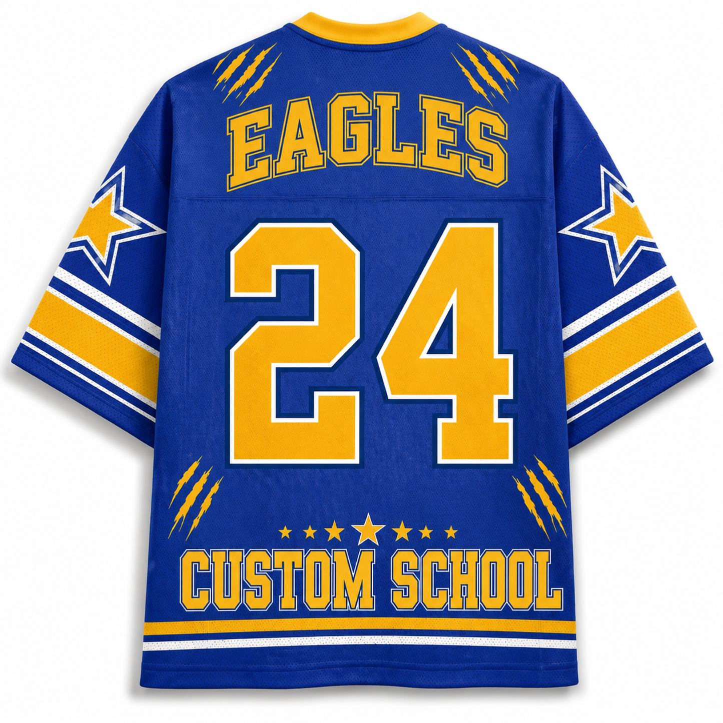 A royal blue short-sleeve sports jersey with yellow and white graphics, featuring 'EAGLES' and the number '24' on the back, along with 'CUSTOM SCHOOL' text and star details.