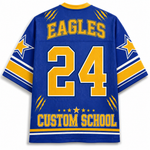 A royal blue short-sleeve sports jersey with yellow and white graphics, featuring 'EAGLES' and the number '24' on the back, along with 'CUSTOM SCHOOL' text and star details.