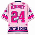 A pink mesh hockey-style jersey shown from the back, with 'KNIGHT' and 'CUSTOM SCHOOL' in pink outlined lettering, the number '24' in large pink block numerals, navy and pink sleeve stripes, star graphics, and claw-print details on a white background.