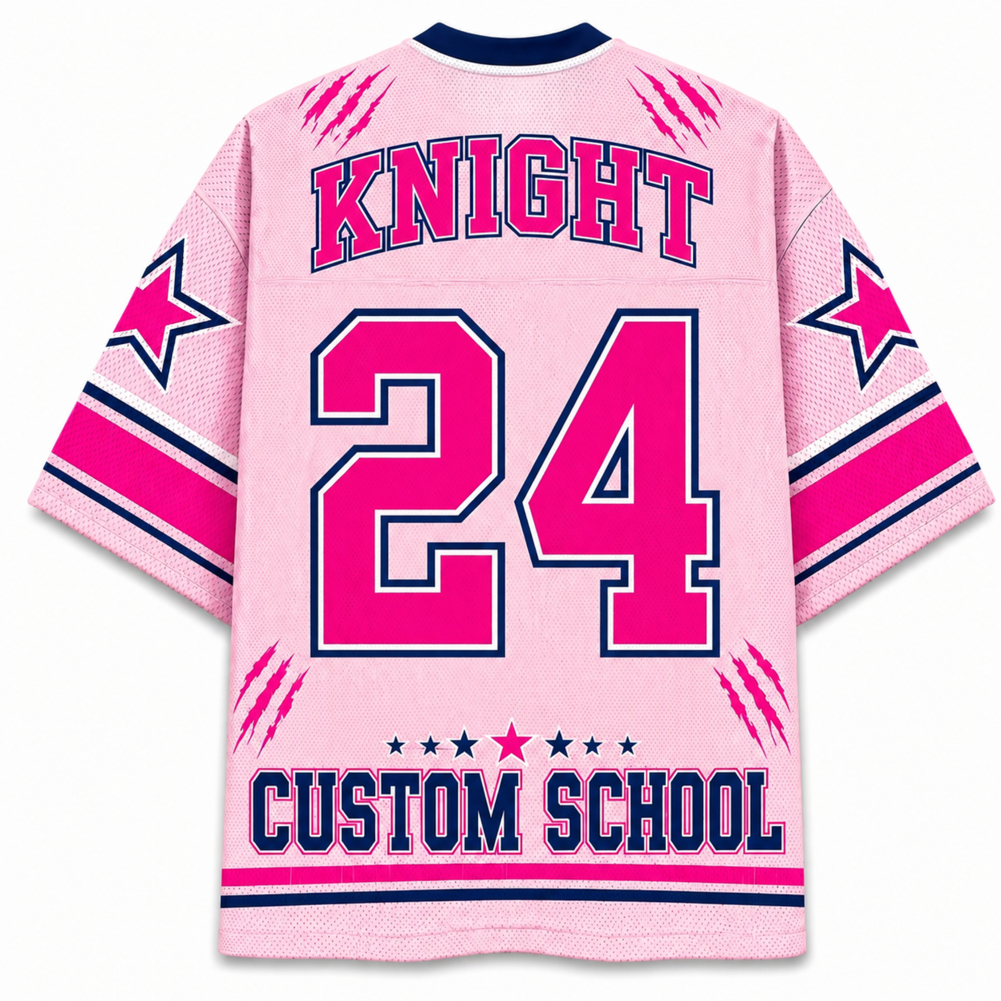 A pink mesh hockey-style jersey shown from the back, with 'KNIGHT' and 'CUSTOM SCHOOL' in pink outlined lettering, the number '24' in large pink block numerals, navy and pink sleeve stripes, star graphics, and claw-print details on a white background.