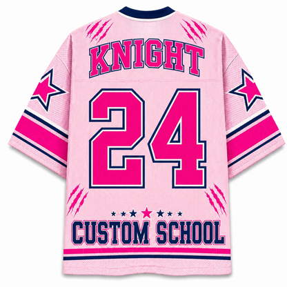 A pink mesh hockey-style jersey shown from the back, with 'KNIGHT' and 'CUSTOM SCHOOL' in pink outlined lettering, the number '24' in large pink block numerals, navy and pink sleeve stripes, star graphics, and claw-print details on a white background.