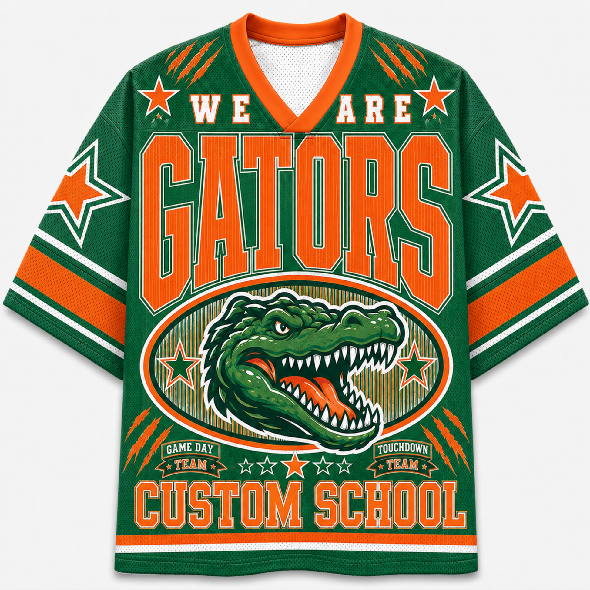 A green and orange V-neck jersey-style graphic top with the words 'WE ARE GATORS' and a large alligator illustration on the front, plus 'CUSTOM SCHOOL' near the hem. The design includes orange lettering, white stars, and striped sleeve accents on a plain light background.