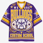 A purple and yellow short-sleeve V-neck jersey-style shirt with a bulldog graphic and the text 'WE ARE BULLDOGS' and 'CUSTOM SCHOOL' on a light gray background.