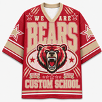 A red and beige short-sleeve V-neck jersey-style shirt with a large roaring bear graphic and the words 'WE ARE BEARS' and 'CUSTOM SCHOOL' on the front, shown on a plain light background.