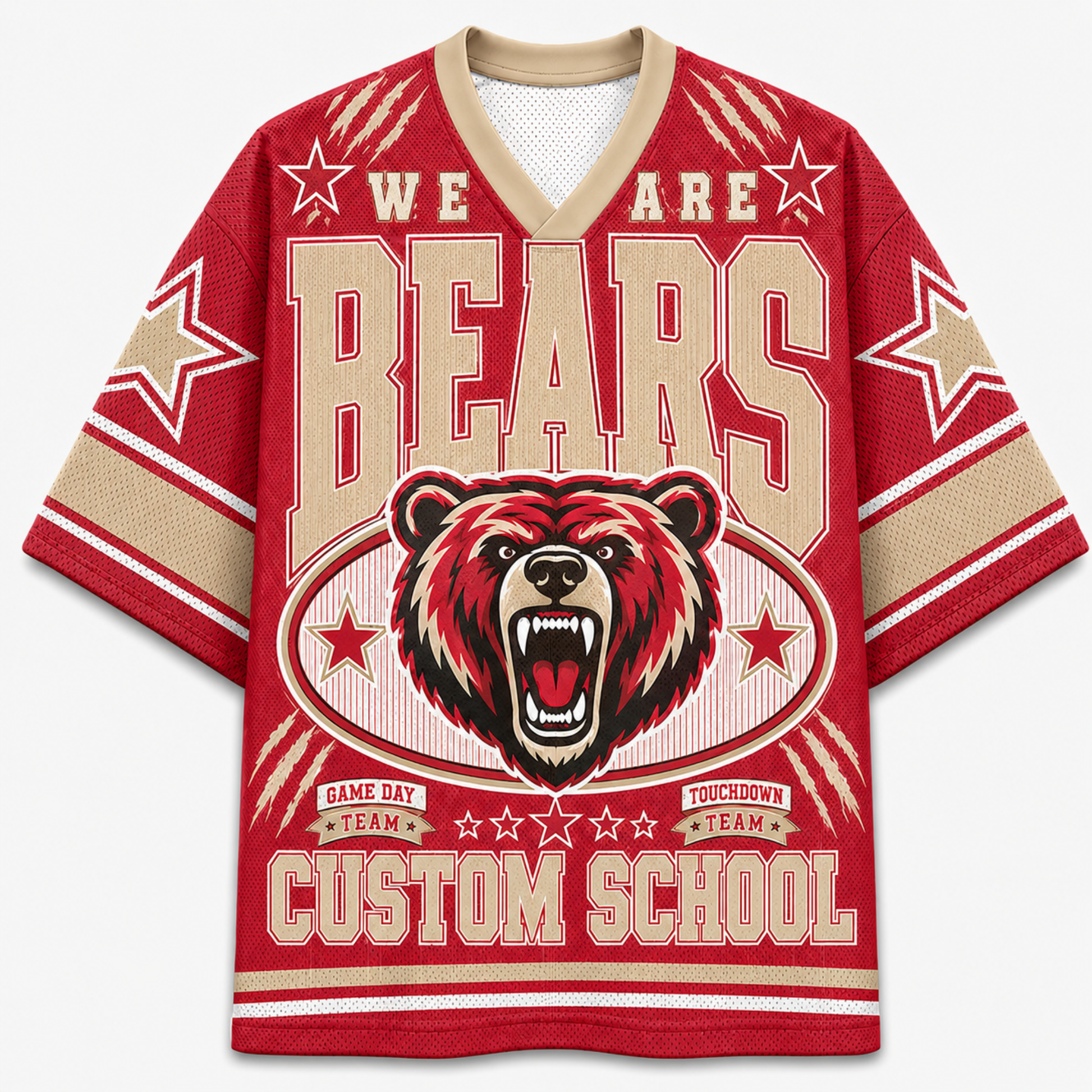 A red and beige short-sleeve V-neck jersey-style shirt with a large roaring bear graphic and the words 'WE ARE BEARS' and 'CUSTOM SCHOOL' on the front, shown on a plain light background.
