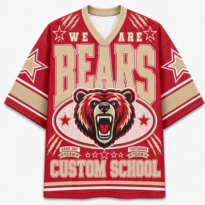 A red and beige short-sleeve V-neck jersey-style shirt with a large roaring bear graphic and the words 'WE ARE BEARS' and 'CUSTOM SCHOOL' on the front, shown on a plain light background.