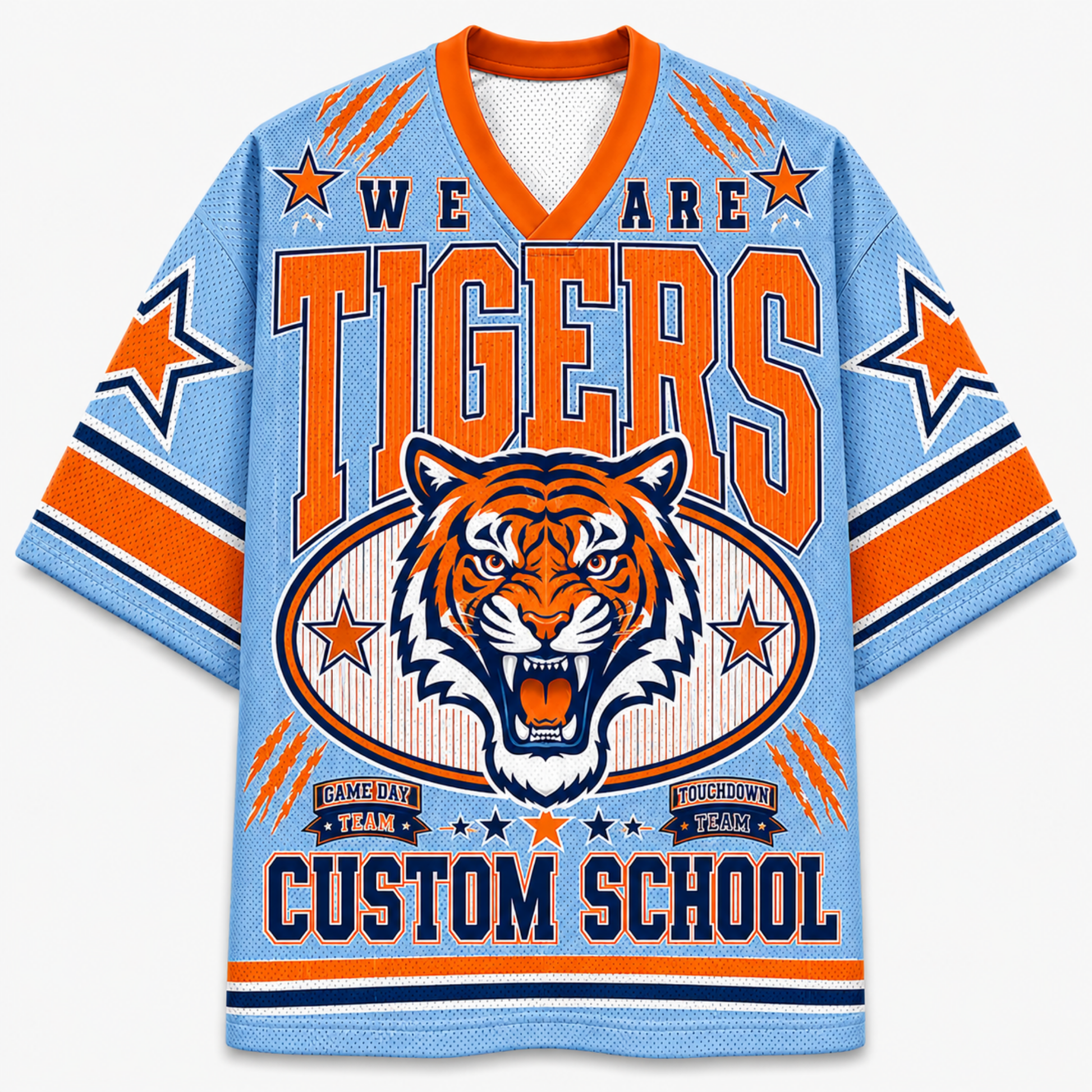 A light blue short-sleeve V-neck jersey with orange and navy graphics, featuring a tiger head illustration and the text 'WE ARE TIGERS' and 'CUSTOM SCHOOL'.