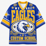 A royal blue and yellow short-sleeve V-neck jersey-style shirt with a large eagle head graphic and the words 'WE ARE EAGLES' and 'CUSTOM SCHOOL' on the front, shown on a plain light background.