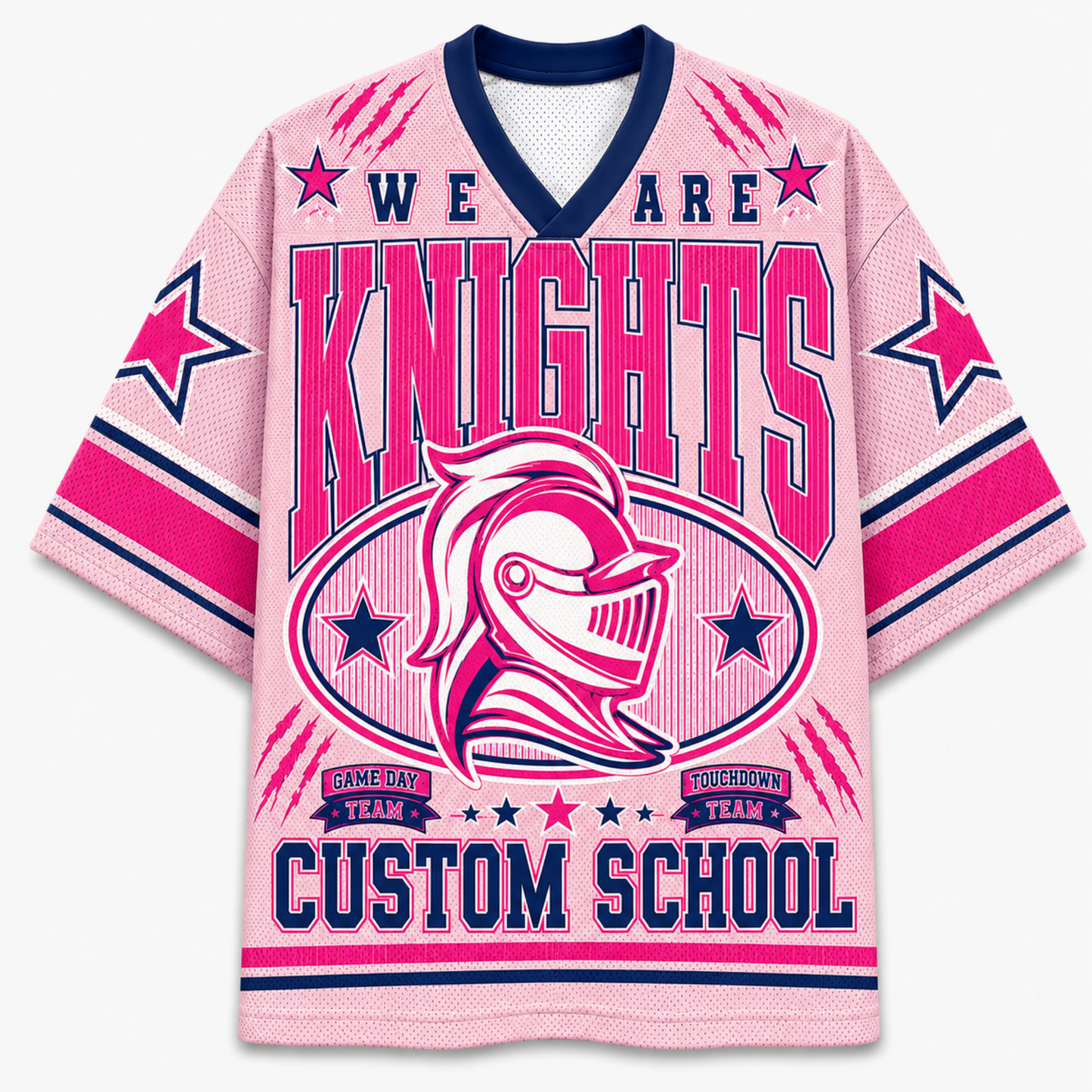 A pink mesh V-neck jersey with navy and pink graphic text reading 'WE ARE KNIGHTS' and 'CUSTOM SCHOOL,' plus a knight helmet illustration and star motifs on the sleeves.