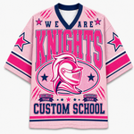 A pink mesh V-neck jersey with navy and pink graphic text reading 'WE ARE KNIGHTS' and 'CUSTOM SCHOOL,' plus a knight helmet illustration and star motifs on the sleeves.