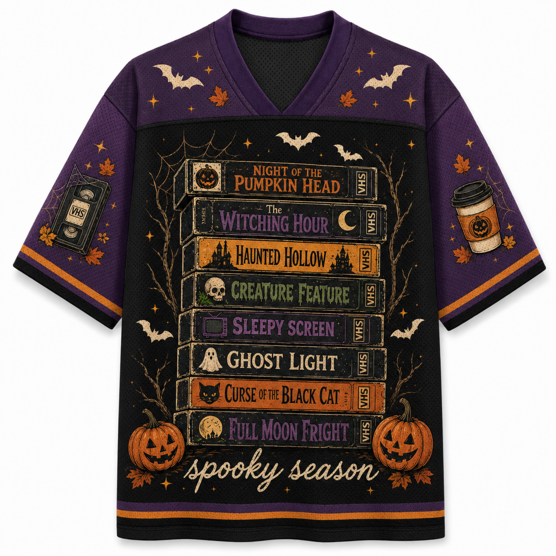 A purple and black short-sleeve V-neck t-shirt with a detailed Halloween graphic on the front. The graphic features a stack of horror movie book spines with titles like 'The Witching Hour' and 'Haunted Hollow', surrounded by bats, pumpkins, and the text 'spooky season'.